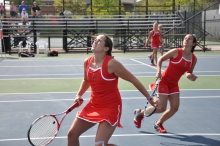 Senior, Sarah Hebble and junior Paola Rodriguez were waiting for the ball in the tennis game against IPFW on Wednesday afternoon. DN PHOTO Ashley Xing